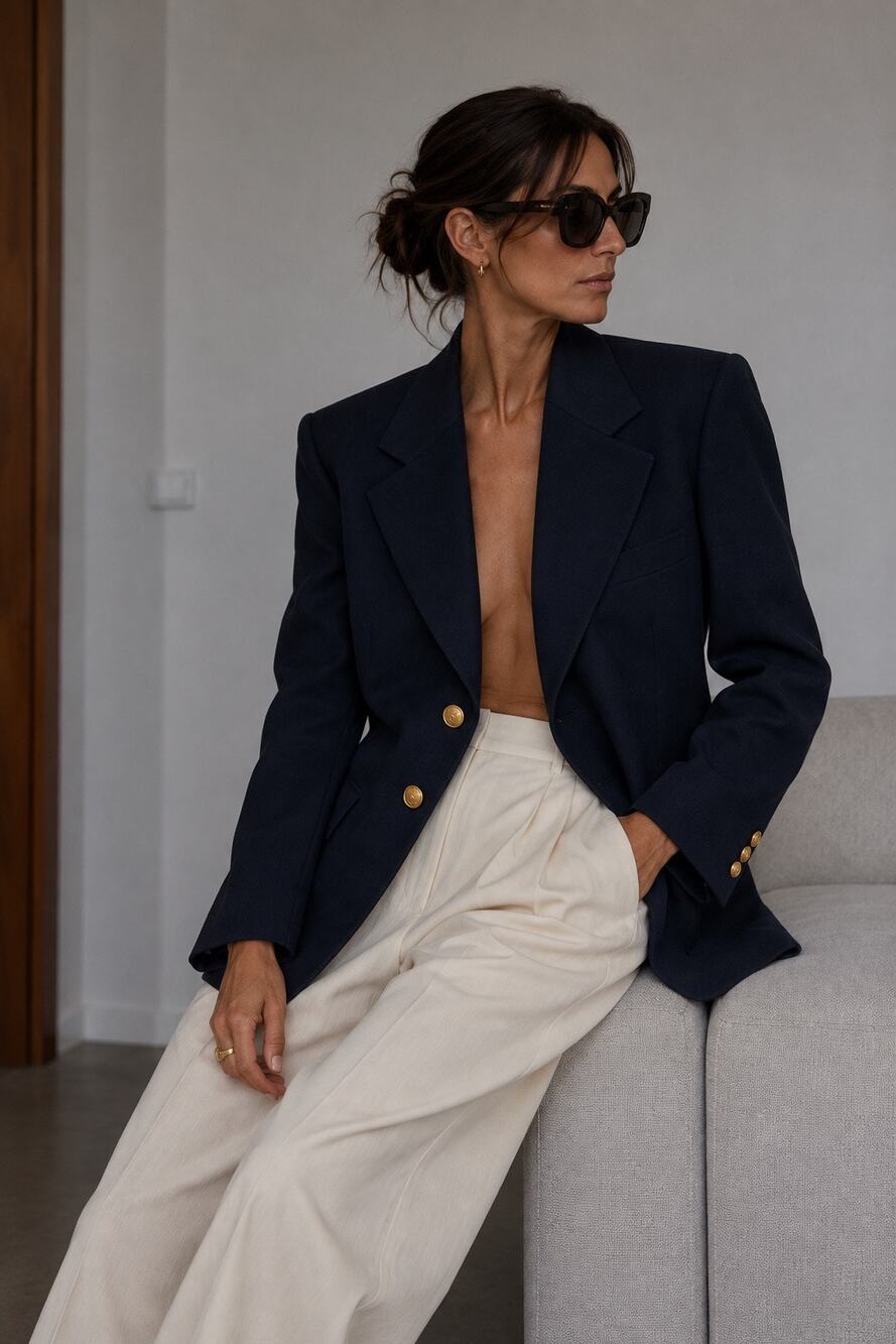 Vintage Yves Saint Laurent Oversized Blazer Suit Jacket Navy Blue YSL Logo Small